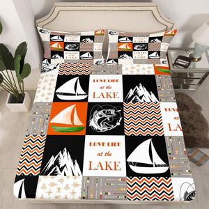 Erosebridal Комплект постельного белья Lake House Decor в ретро-стиле с парусниками и рыболовным пледом, оранжевый, Multi 12