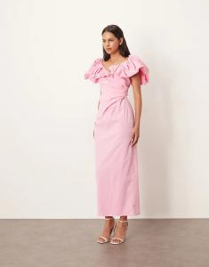 Платье макси с открытыми плечами, присборенными рукавами-буфами розового цвета