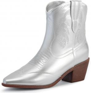 Сапоги DINTAHA серебристого металлического цвета в ковбойском стиле с низким каблуком и блестками для женщин