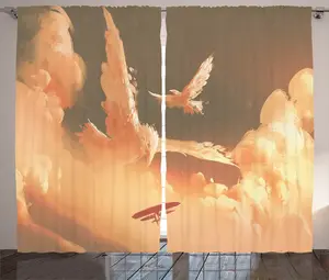 Штора ABAKUHAUS Fantasy Rustic, Самолет в закатных облаках, универсальная ленточная штора для гостиной с петлями и крючками, 280 x 175 см, кремово-голубой Abakuhaus