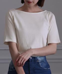 Хлопковая ребристая футболка с вырезом-лодочкой, аккуратный крой, блузка с короткими рукавами Pourvous, цвет Off White