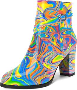 Женские модные ботильоны SKYSTERRY с закругленным носком, на высокой квадратной подошве и 8,4 см каблуке, лаковые, на каждый день, Blue Yellow Fluid