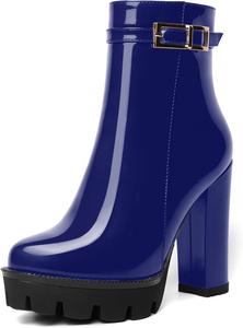 Женские ботильоны AMBELIGHT на платформе с круглым носком, однотонные, для вечеринки, с молнией, сексуальные, лакированные, массивный высокий каблук 12 см, Royal Blue