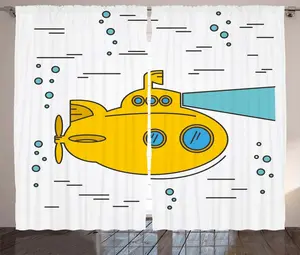 Штора ABAKUHAUS "Желтая подводная лодка" в деревенском стиле, "Пузырьки океана", присборенная штора из тесьмы для спальни с петлями и крючками, 280 x 175 см, цвет: белый, синий, желтый Abakuhaus