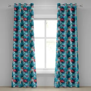 Занавеска на люверсах ABAKUHAUS Чаепитие, композиция Столовая утварь, абстрактные перекрывающие силуэты чайника и чашек, декоративные двухпанельные шторы, 280 см x 245 см, цвет: темно-коралловый, светло-голубой Abakuhaus