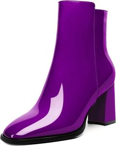 Женские стильные ботильоны AUMOTED с массивным каблуком, закрытым квадратным носком и боковой молнией, короткие ботинки, каблук 3,4 дюйма, Patent Purple