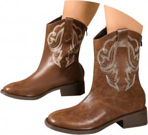 Generic Сапоги для женщин с широкой голенью 2025 года, вышитые, черные средние ковбойские ботинки, на молнии, осень-зима, кожаные с заостренным носком, низкий устойчивый каблук, длинные винтажные стильные ботинки для рождественской вечеринки и прогулок