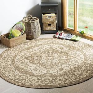 Ковер SAFAVIEH, 122 x 122 см, Linden Collection, круглый, цвет cream и beige, восточный медальон дизайн, без линьки и простой в уходе, для помещений и улицы, моющийся, идеально для патио, заднего двора, прихожей (LND137C)