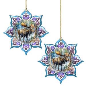 Набор из 2 деревянных рождественских украшений «Лось-снежинка», автор: Г. Дебрехт Designocracy, мультиколор