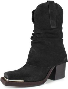 Женские ботинки FOWT с квадратным носком на платформе до середины голени, на толстой устойчивой средней подошве, повседневные уличные, размеры 4-16 US, Black