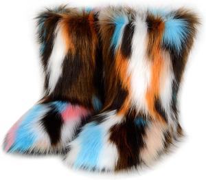 Женские меховые ботинки QMFUR, пушистые и мягкие, до середины голени, зимние ботинки с замшевой отделкой, утепленные мехом, на плоской подошве, модные, Multicolor-5