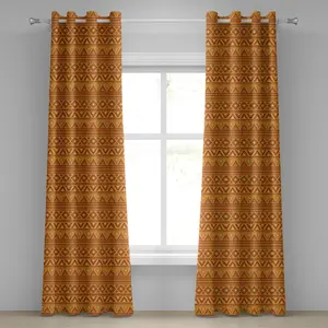 Ацтекская штора на люверсах ABAKUHAUS, фольклорный узор из треугольных мотивов с кругами и абстрактными солнечными фигурами, декоративная двухпанельная штора, 280 см x 245 см, цвет: оранжевый, желтый, бордовый