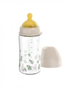 Стеклянная бутылка, вишнево-зеленого цвета, 240 мл + латексная соска бежевого цвета, с рисунком