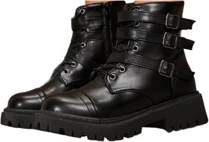 Женские платформенные боевые ботинки с пряжкой, низкий каблук, шнуровка, боковая молния, массивная подошва, ботильоны, массивные платформенные ботинки Generic, Black