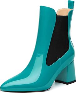 Женские ботильоны с высоким массивным каблуком, заостренным носком, из лакированной кожи, элегантные классические модные короткие ботинки на осень-зиму, каблук 2,5 дюйма DEMOSHINE, Lake Blue