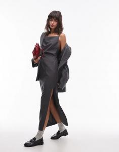 Платье-комбинация миди Topshop с воротником-хомутом серого цвета