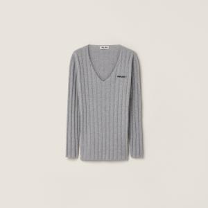 Шерстяной пуловер с кашемиром и v-образным вырезом MIU MIU, серый