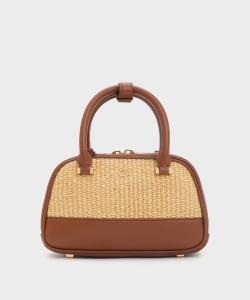Сумка с верхней ручкой из рафии и кожи Charles & Keith, цвет Neutral Raffia