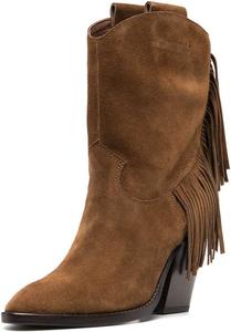 Женские классические ботильоны YDN с бахромой, заостренным носком, средней высоты голенища, на толстом высоком каблуке, вестерн-стиля, зимние замшевые с бахромой, Brown