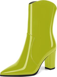 Женские ботильоны MOVINSTEPS в ковбойском стиле с закрытым носком, модные, с боковой молнией, из лакированной кожи, массивный высокий каблук, средняя голень, каблук 3,3 дюйма, Yellow Green