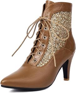Женские элегантные ботильоны с остроконечным носком, блестками, пайетками, на шнуровке, с каблуком-киссет и коротким силуэтом JOEUSTY, Brown