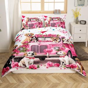 Erosebridal Розовый комплект постельного белья с собачками для девочек Valentine's Day, милые животные, романтичные цветы и воздушные шарики, Pink White Brown