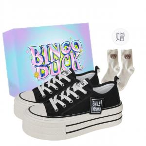 BINGO DUCK Скользоустойчивые увеличивающие рост низкие кеды из холста для женщин черные с эксклюзивной коробкой и подарочными носками, цвет Black+Exclusive Shoe Box+Gift Socks