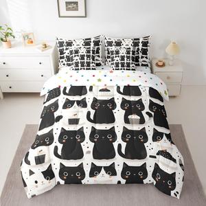 Erosebridal Комплект постельного белья Kawaii Cat King с милыми котятами в белом цвете, Black White