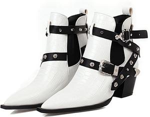 Женские ковбойские ботильоны AngryMonkey с заостренным носком, на толстом каблуке, из кожи, в западном стиле, с заклепками и пряжкой, большого размера до 15, White