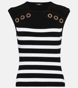 Полосатый трикотажный топ в рубчик BALMAIN, черный