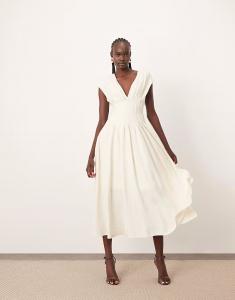 Платье миди из структурированного льна премиум-класса ARRANGE со складками на талии и завязками на спине в натуральном цвете