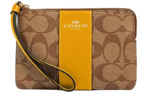 COACH Угловая сумочка клатч на молнии с кожаными вставками из твиля малого размера для женщин в цвете хаки и охра