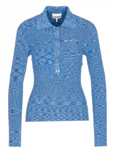 Поло с пуговицами и логотипом, окрашенное меланжевым способом Ganni, синий