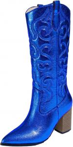 Женские ковбойские сапоги IWIHMIV с заостренным носком, массивным каблуком, западным стилем, высокие винтажные сапоги в деревенском стиле, Blue