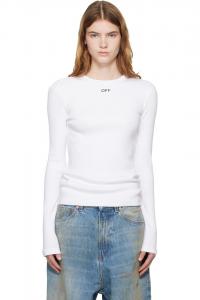 Off-White Белая футболка с длинными рукавами и ребристым верхом, с надписью «off»