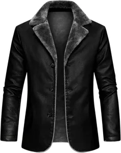 Мужская теплая зимняя куртка-блейзер из искусственной кожи с флисовой подкладкой, в стиле мотоциклетной куртки, приталенного кроя, black