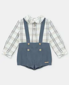 Детский комплект рубашка с принтом и шортики с подтяжками из микровельвета синего цвета Martín Aranda