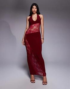 Платье макси ASOS DESIGN с глубоким декольте и кружевными вставками спереди, темно-вишневого цвета