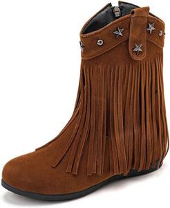 Женские классические ботинки с бахромой до середины икры, ретро, модные, повседневные, зимние, на низком каблуке, с заклепками, с круглыми носками, из замши с кисточками, вестерн-ковбойские, на плоской подошве CSRZPMG, Brown Tassel Boots