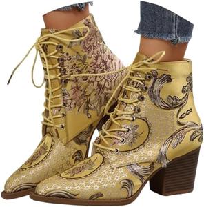 Женские ботинки на шнуровке с массивной подошвой, низким каблуком и рельефной подошвой, короткие ботильоны с декором в виде бабочки, зимние и осенние, ретро-стиля, удобные для ходьбы и работы с поддержкой свода стопы Generic, Yellow-1