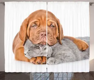 Штора в деревенском стиле Собака и кошка от ABAKUHAUS, серо-бордовая с котятами, присборенная, с петлями и крючками, 280 x 225 см, персидский оранжевый светло-серо-коричневый и бледно-лиловый серо-коричневый Abakuhaus