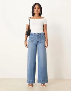 Джинсы ASOS DESIGN Petite с высокой талией и широкими штанинами, средне-синего цвета