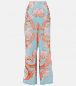 Широкие шелковые брюки с высокой талией и принтом Adriana Degreas, синий