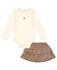Детский комплект для девочек: боди с рюшами на воротнике и плиссированной юбкой Calvin Klein, мультиколор