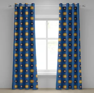 Шторы на люверсах ABAKUHAUS Астрология, винтажный узор с небесными элементами, астрономические орнаменты, духовные, декоративные двухпанельные шторы, 280 см x 225 см, желтый, коричневый и синий