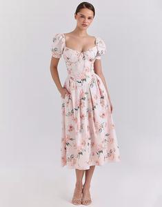 Платье-миди House of CB Lulabell из хлопка с рукавами-фонариками персикового цвета