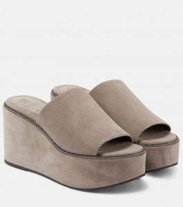 Замшевые шлепанцы на платформе Brunello Cucinelli, бежевый