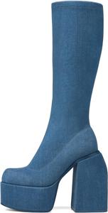Женские ботфорты Yolkomo на массивном каблуке с платформой, Denim Blue-Knee High