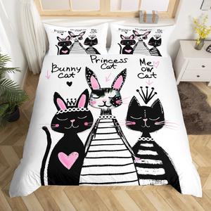 Erosebridal Комплект постельного белья Kawaii с милыми котиками и кроликами в розовом цвете, Black Pink White