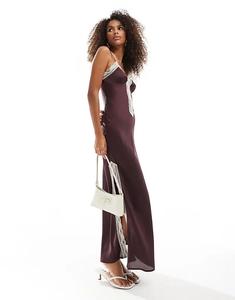 Платье макси с кружевными вставками коричневого цвета Miss Selfridge